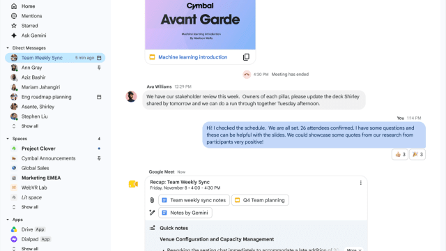 Thẻ recap cuộc họp hiển thị ghi chú và các liên kết trong Google Chat