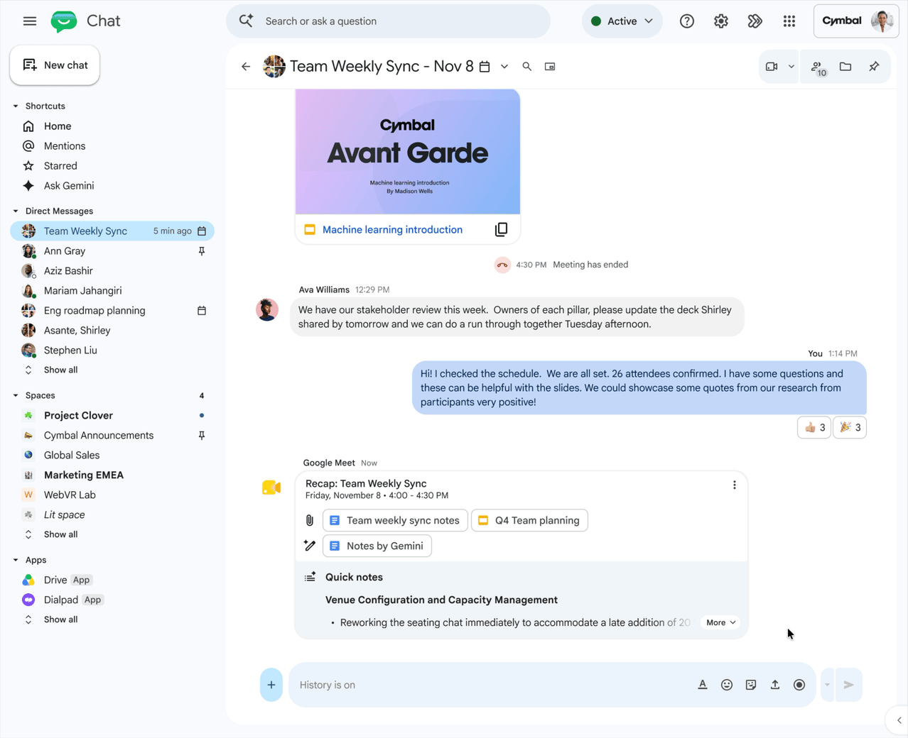 Thẻ recap cuộc họp hiển thị ghi chú và các liên kết trong Google Chat