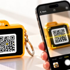 Thiết bị Foldra hiển thị mã QR cạnh điện thoại đang quét để kết nối.