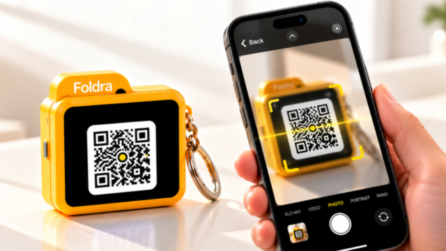 Thiết bị Foldra hiển thị mã QR cạnh điện thoại đang quét để kết nối.