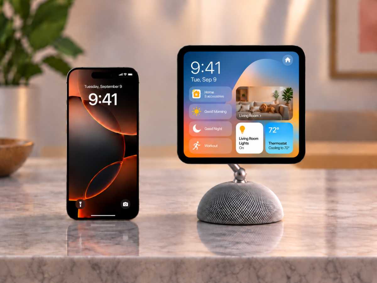 Ảnh dựng màn hình điều khiển đặt trên loa HomePod mini cạnh iPhone
