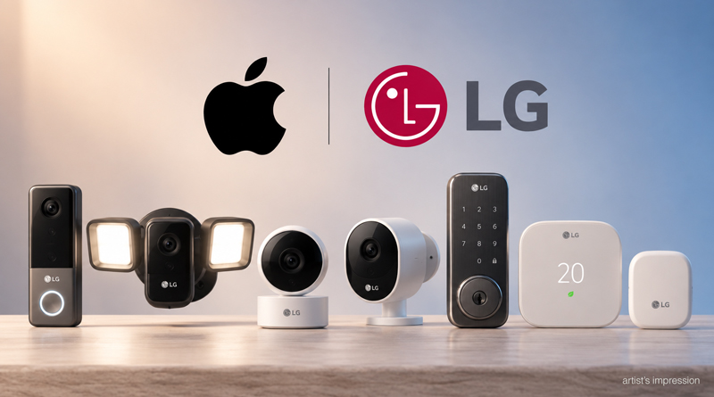 Hình dựng các thiết bị khóa cửa, camera và cảm biến mang logo LG