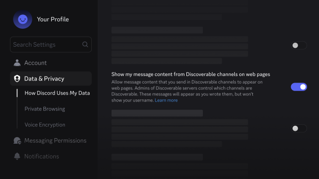Thiết lập hiển thị tin nhắn trong Data & Privacy của Discord