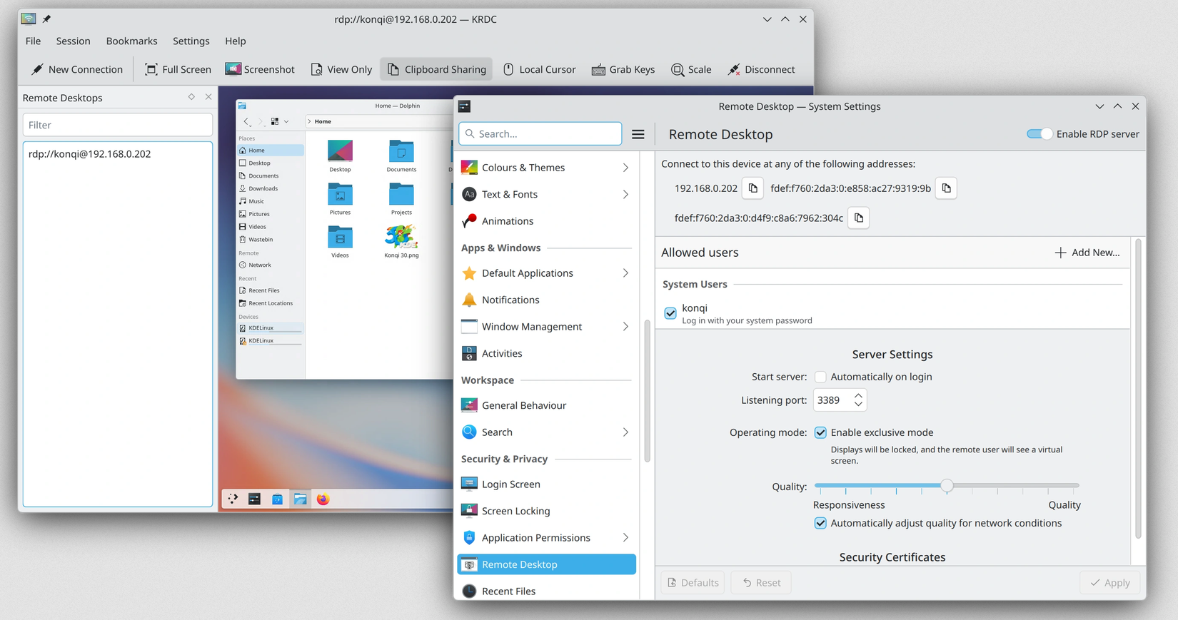 Thiết lập Remote Desktop và KRDC đang kết nối trong KDE Plasma