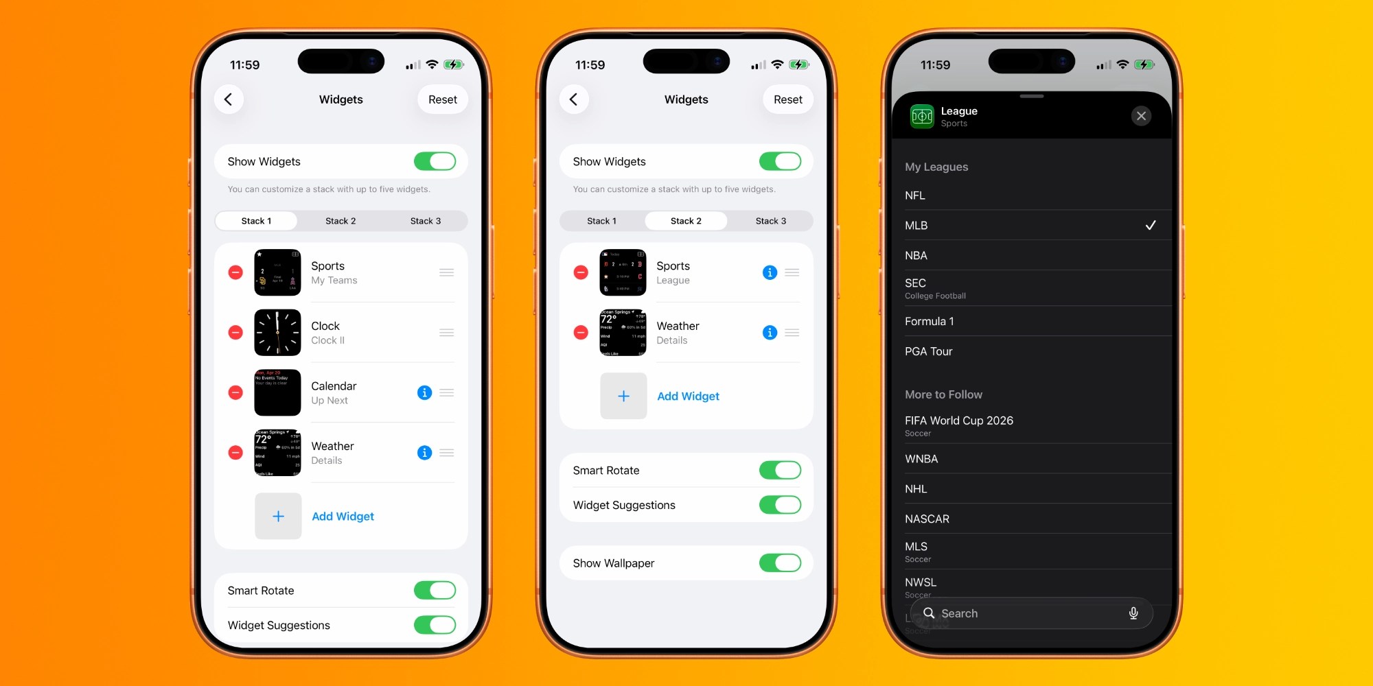 Thiết lập stack và chọn giải đấu cho widget Sports trên iPhone