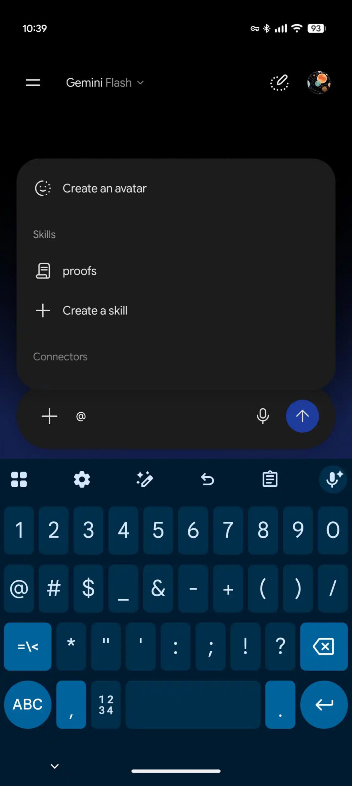 Menu quản lý Skills và Connectors qua ký tự @ trong Gemini