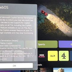 Thông báo dừng hỗ trợ Copilot hiển thị trên TV LG