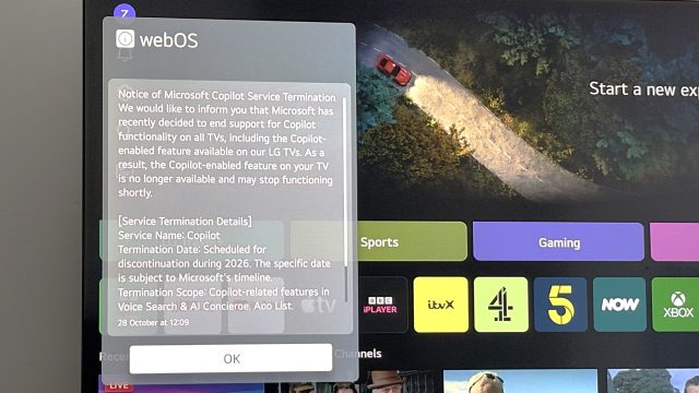 Thông báo dừng hỗ trợ Copilot hiển thị trên TV LG