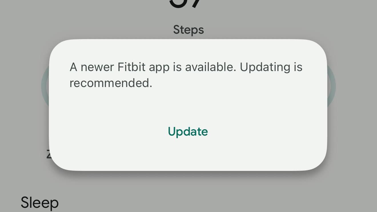 Thông báo yêu cầu cập nhật hiển thị trong ứng dụng Fitbit