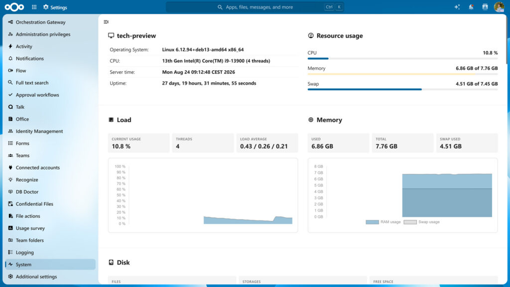 Thông tin máy chủ và dung lượng trở thành phần công việc của người tự vận hành Nextcloud.
