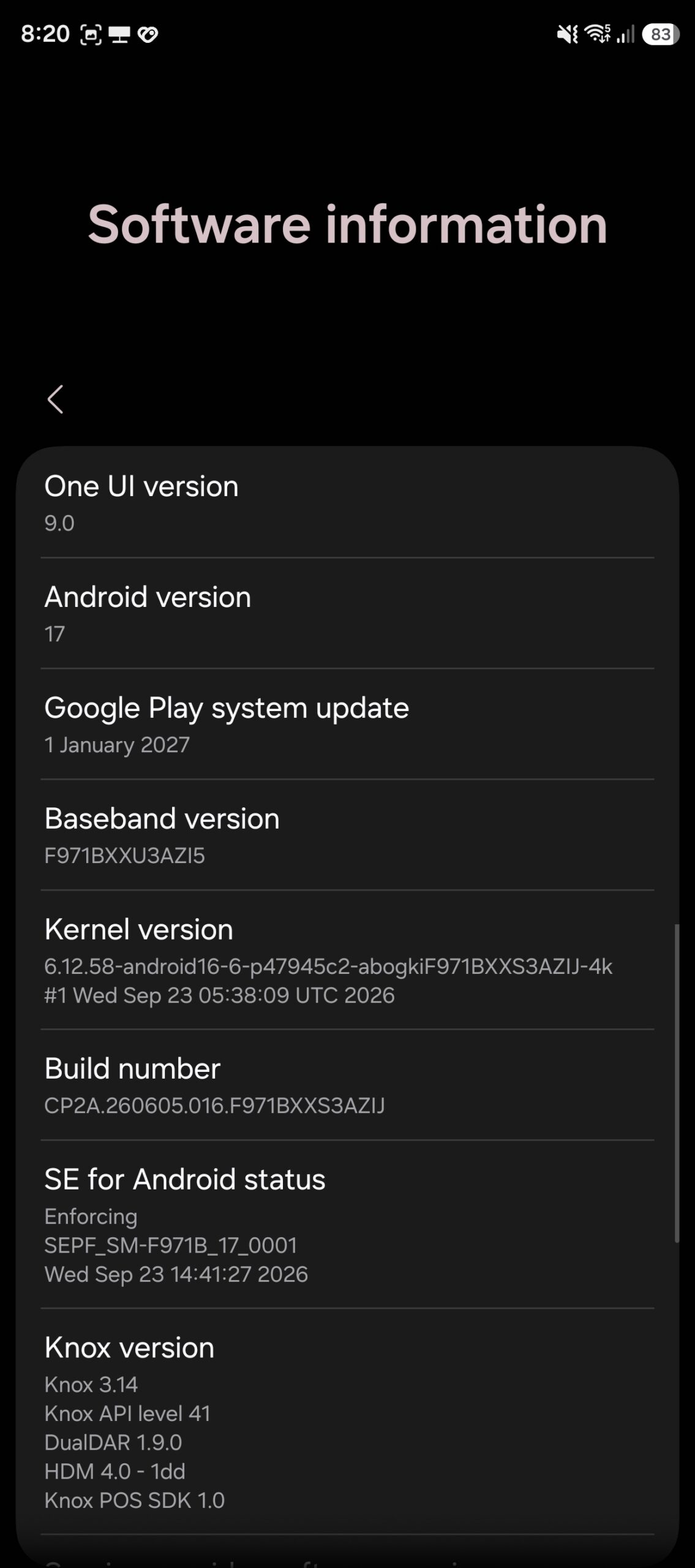 Thông tin phần mềm Galaxy Z Fold 8 có ngày Play system update 1/1/2027