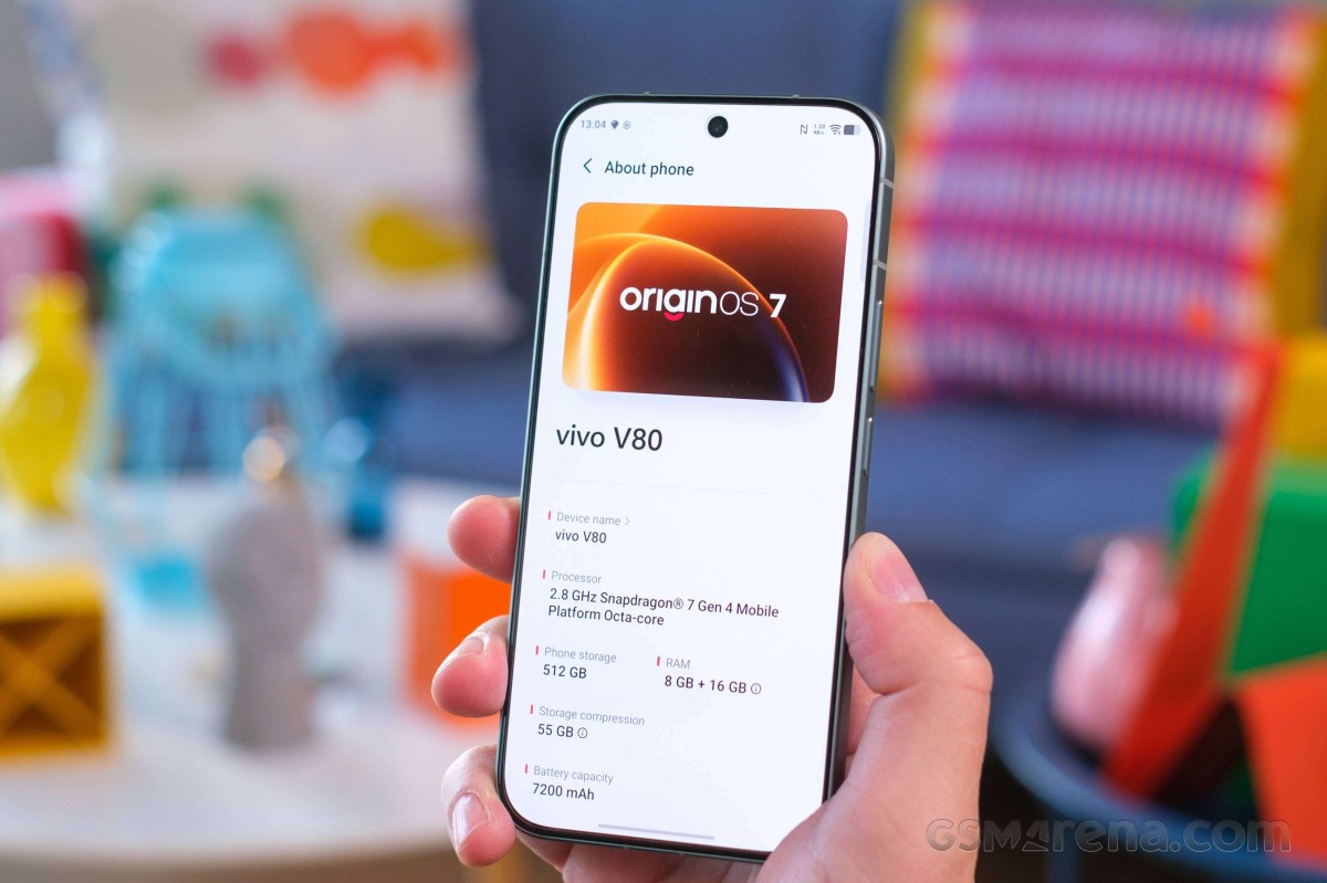 Thông tin vivo V80 trên màn hình OriginOS 7 với pin 7200 mAh