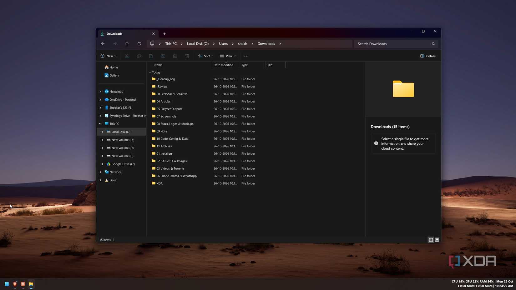Thư mục Downloads sau khi AI agent sắp xếp các mục vào thư mục danh mục
