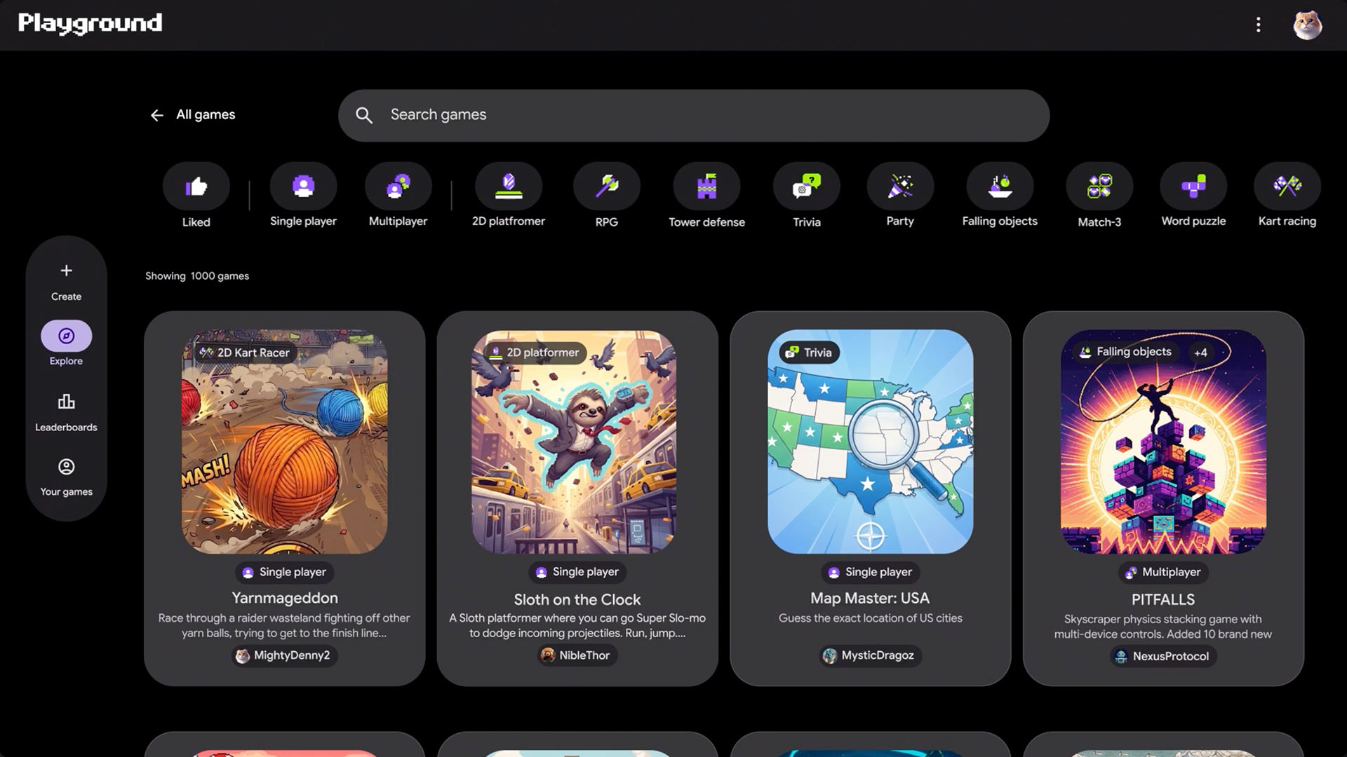 Thư viện game Explore với các thẻ trò chơi và bộ lọc