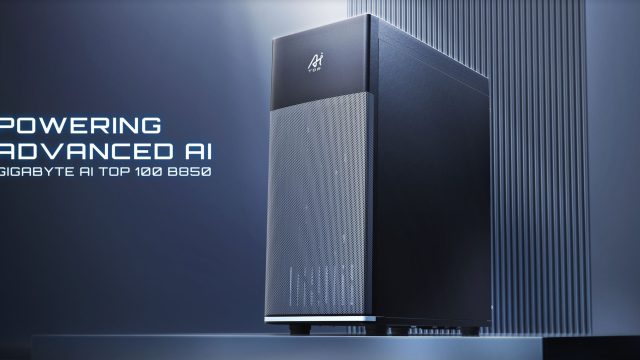 Thùng máy trạm GIGABYTE AI TOP 100 B850 dạng tháp màu đen với mặt trước dạng lưới.