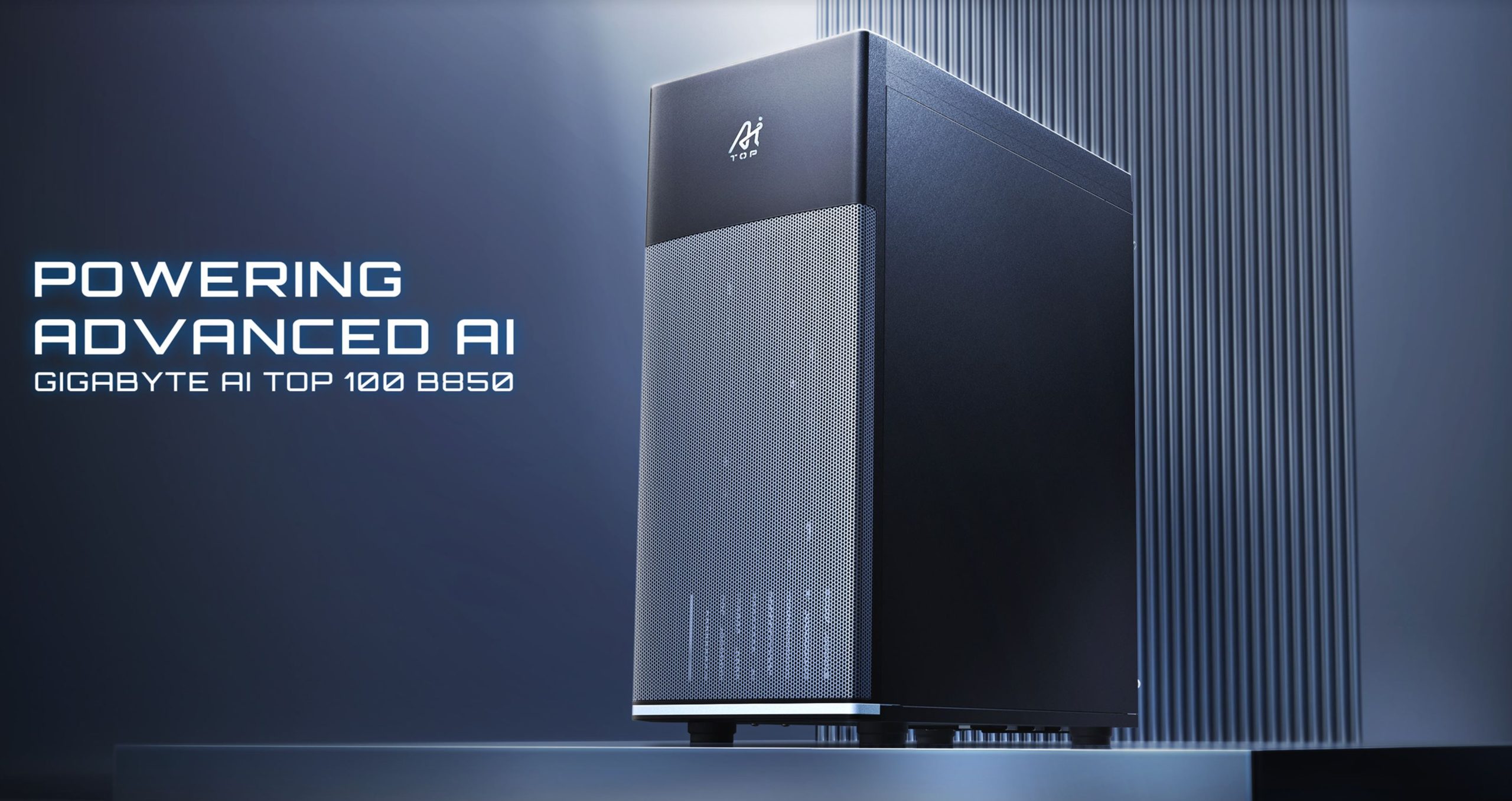 Thùng máy trạm GIGABYTE AI TOP 100 B850 dạng tháp màu đen với mặt trước dạng lưới.