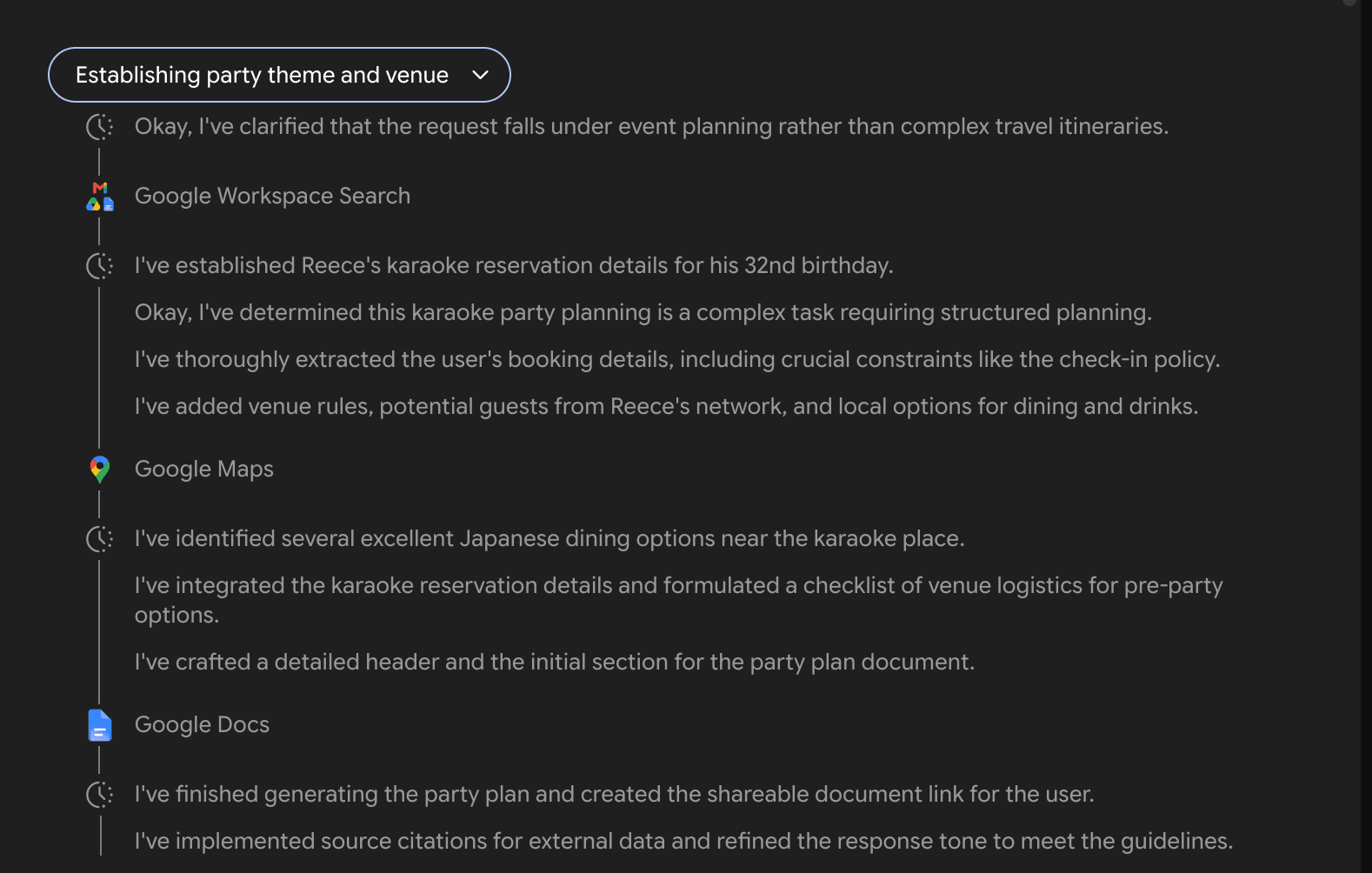 Tiến độ lập kế hoạch của Gemini Spark qua Workspace Search, Maps và Docs