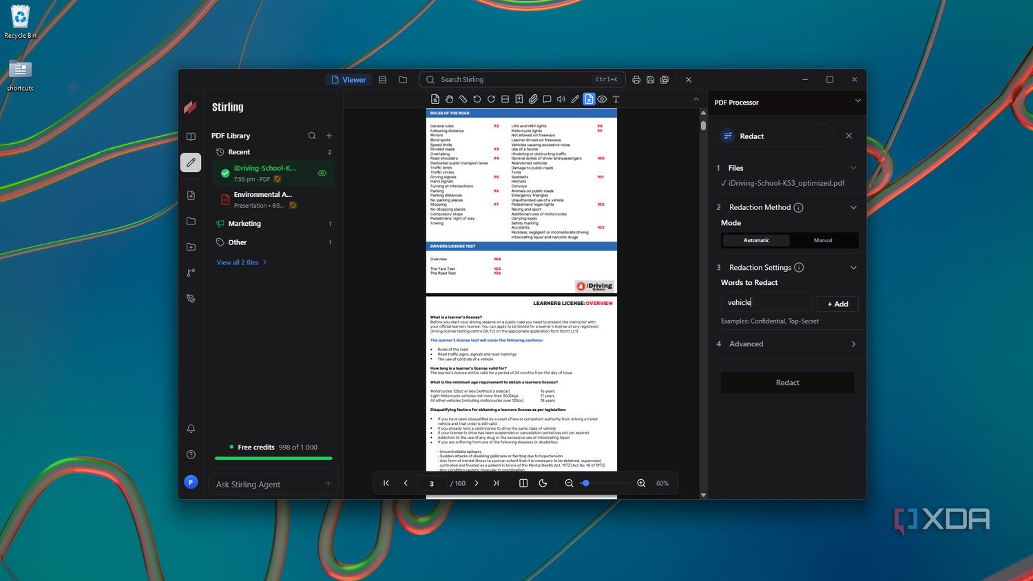 Tìm kiếm nội dung cần che trong công cụ Redact của Stirling PDF