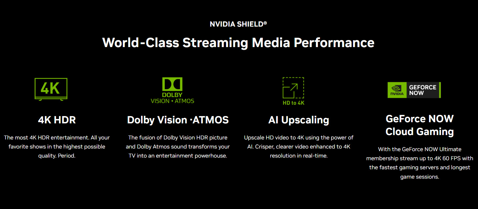 Các tính năng nổi bật của NVIDIA Shield TV gồm 4K HDR, Dolby Vision, AI Upscaling và GeForce NOW
