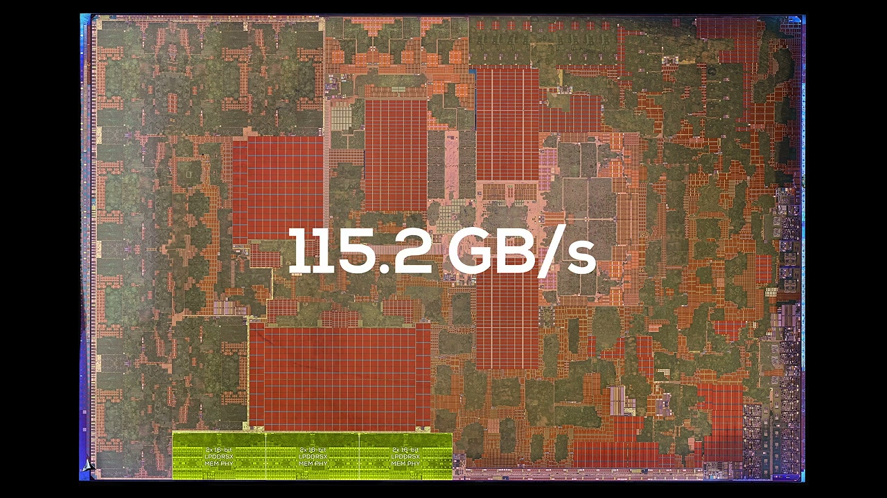 Ảnh toàn die A20 Pro đánh dấu ba cụm giao tiếp bộ nhớ LPDDR5X và băng thông 115,2 GB/s