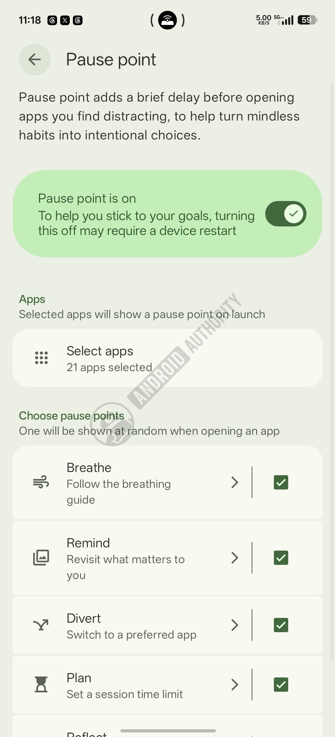 Trang cài đặt Pause point trên OnePlus 13R với các kiểu lời nhắc