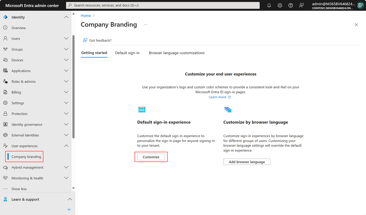 Trang Company Branding trong Microsoft Entra admin center