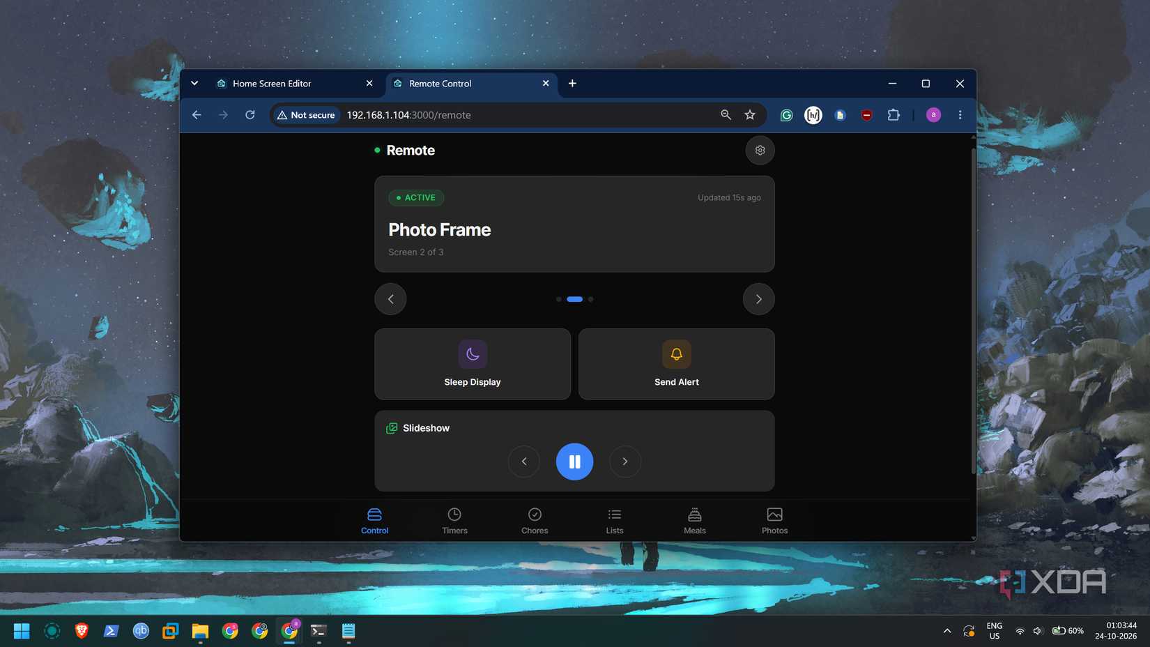 Trang điều khiển Home Screens từ xa với các mục điều khiển màn hình