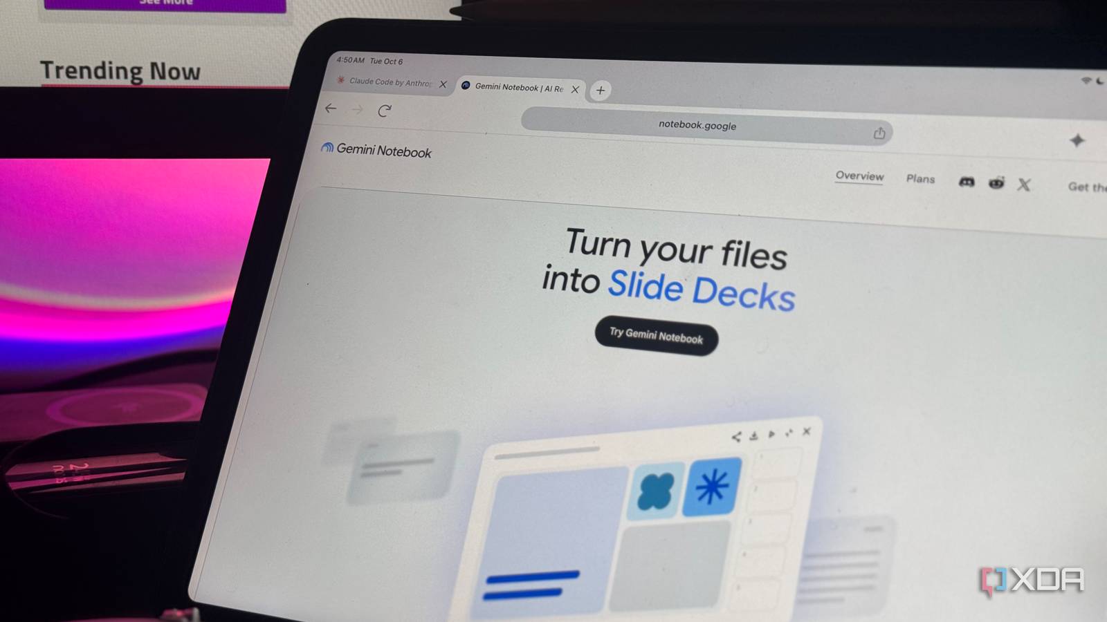 Trang Gemini Notebook trên máy tính bảng giới thiệu khả năng chuyển tệp thành Slide Decks