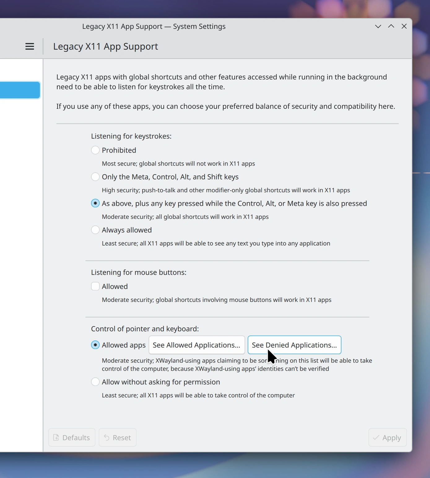 Trang Legacy X11 App Support với nút See Denied Applications