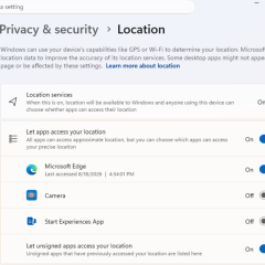 Trang Location trong Privacy & security liệt kê quyền truy cập vị trí theo ứng dụng
