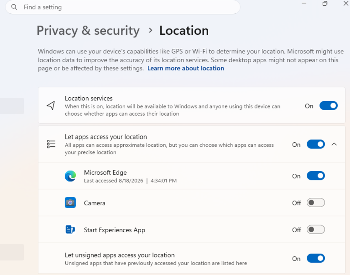 Trang Location trong Privacy & security liệt kê quyền truy cập vị trí theo ứng dụng