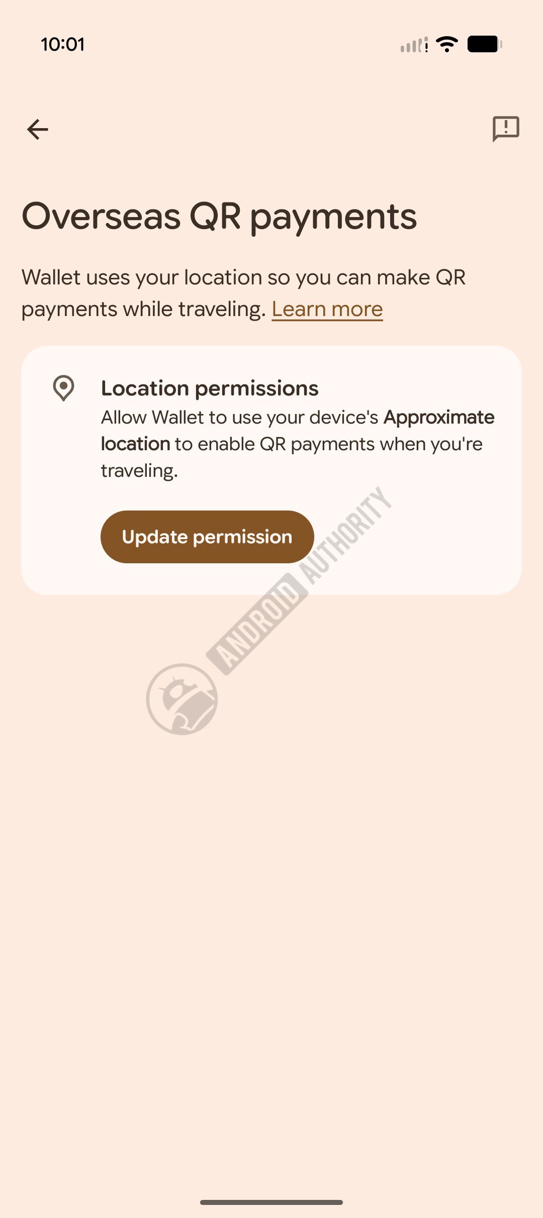 Trang Overseas QR payments yêu cầu quyền truy cập vị trí để bật thanh toán QR khi người dùng đi du lịch.