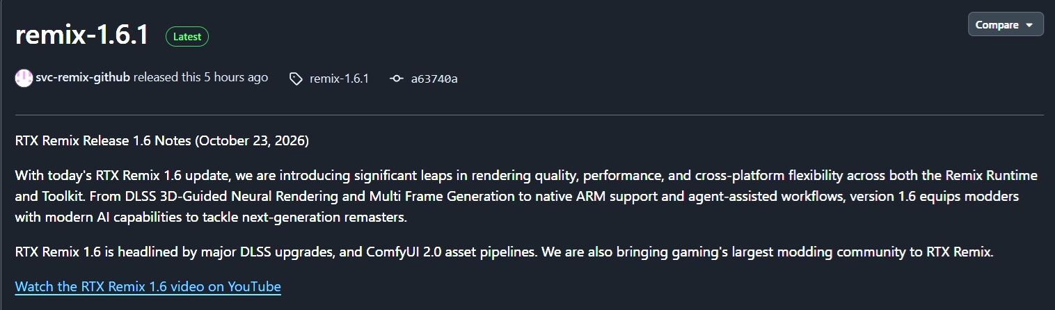 Trang phát hành ghi lại các nhóm thay đổi của RTX Remix 1.6 trong Runtime và Toolkit.