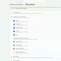Trang thiết lập quyền micro của Windows 11 với các ứng dụng và công tắc quyền