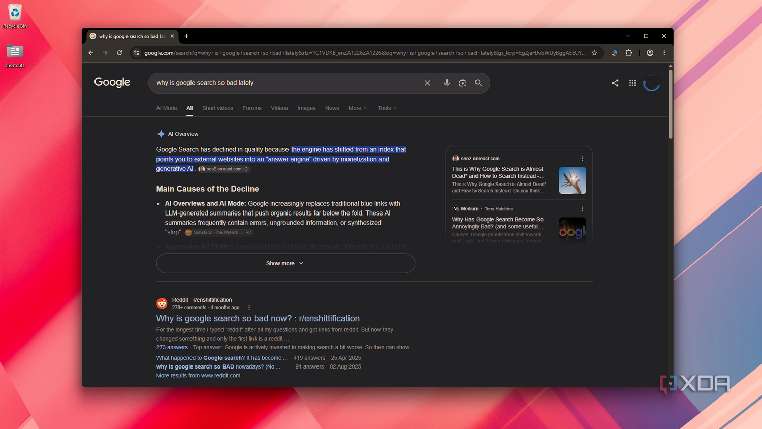 Trang tìm kiếm Google trong Chrome hiển thị đoạn tóm tắt AI