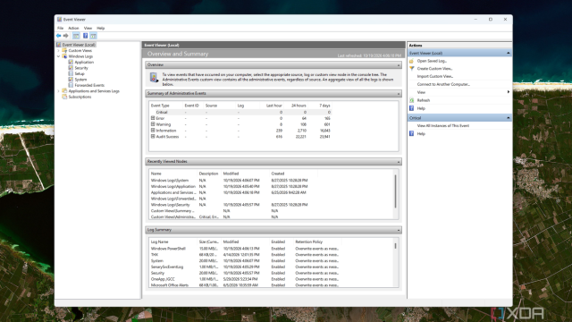 Trang tổng quan Event Viewer hiển thị các nhóm thông báo trên Windows 11
