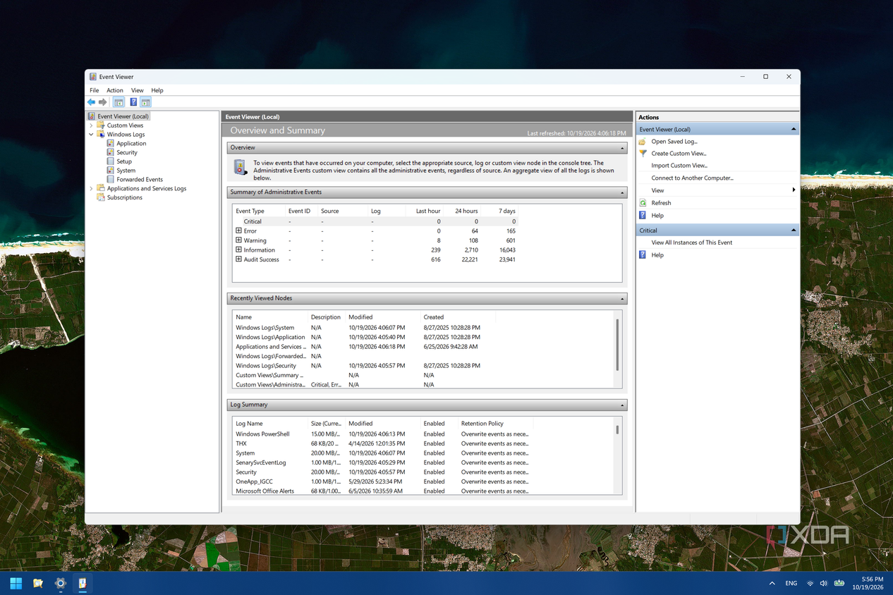Trang tổng quan Event Viewer hiển thị các nhóm thông báo trên Windows 11