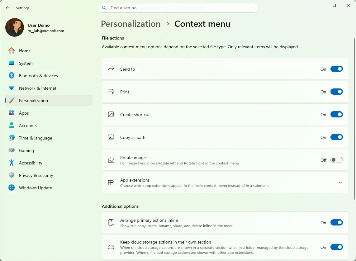 Trang tùy chỉnh menu chuột phải của Windows 11