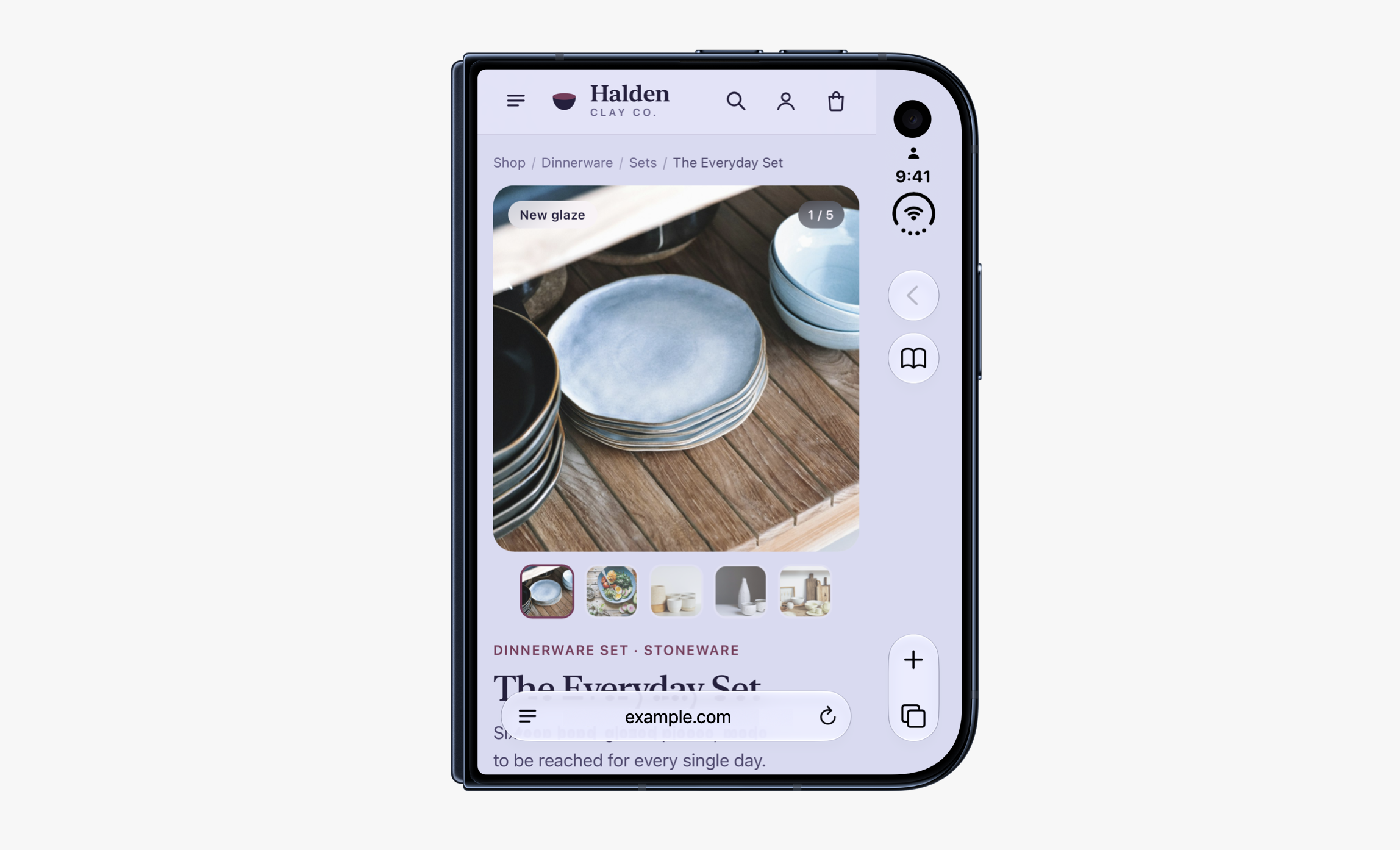 Trang web mua sắm và dải nút điều khiển Safari bên phải màn hình ngoài iPhone Duo