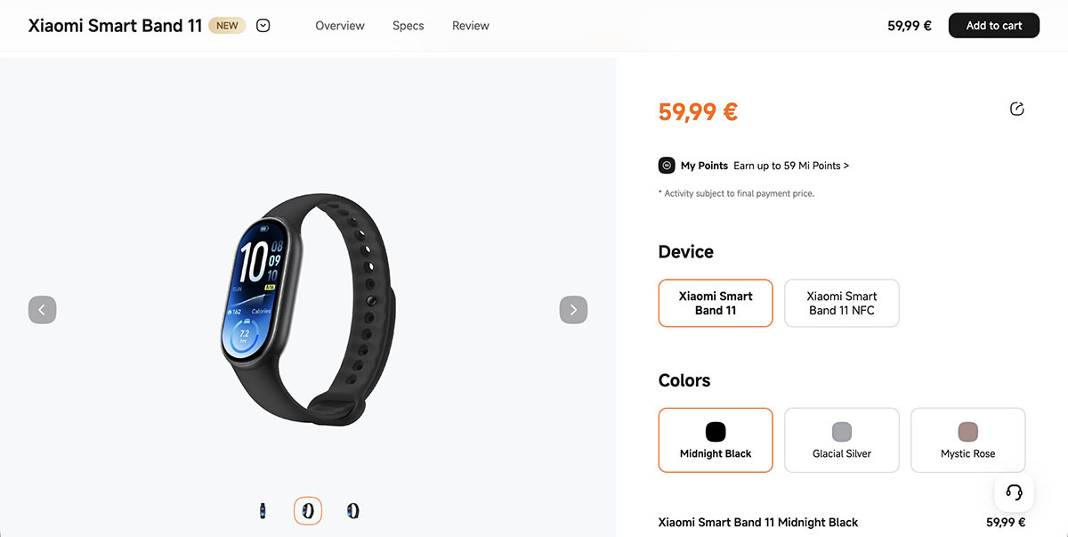 Trang Xiaomi Spain hiển thị Smart Band 11 giá 59,99 euro và lựa chọn NFC