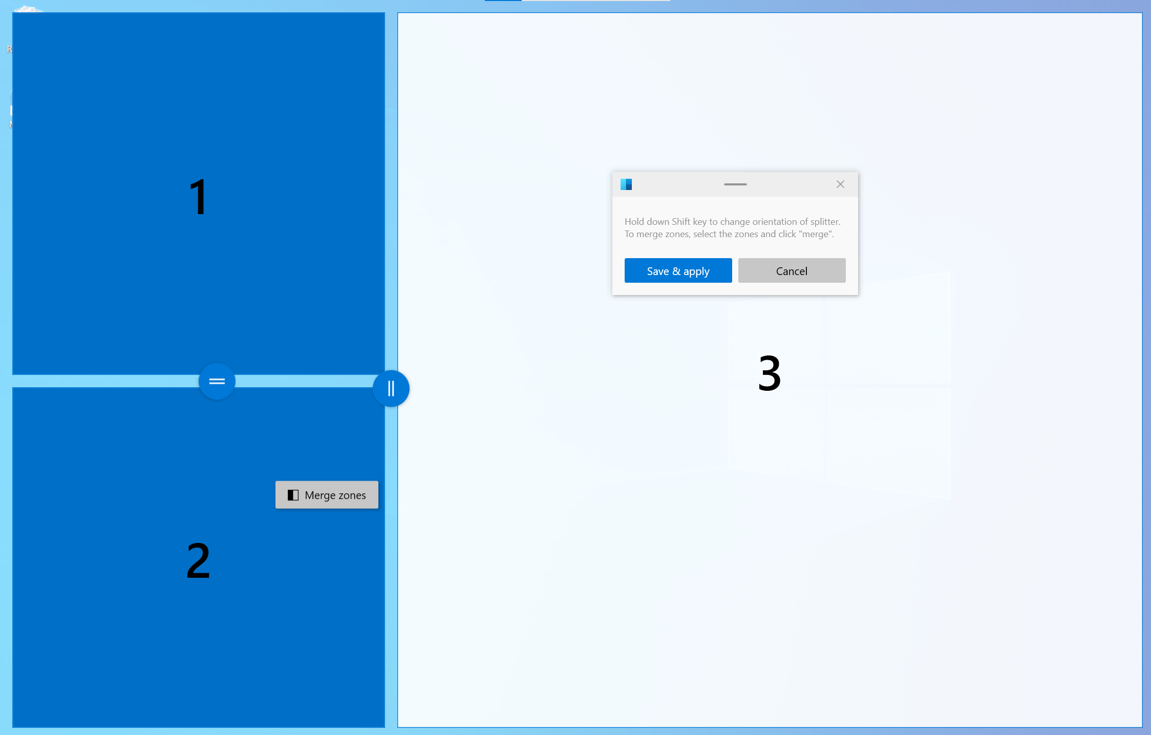 Trình chỉnh sửa Layout Editor dạng Grid trong FancyZones cho phép chia nhỏ và ghép nối các vùng hiển thị tùy ý.