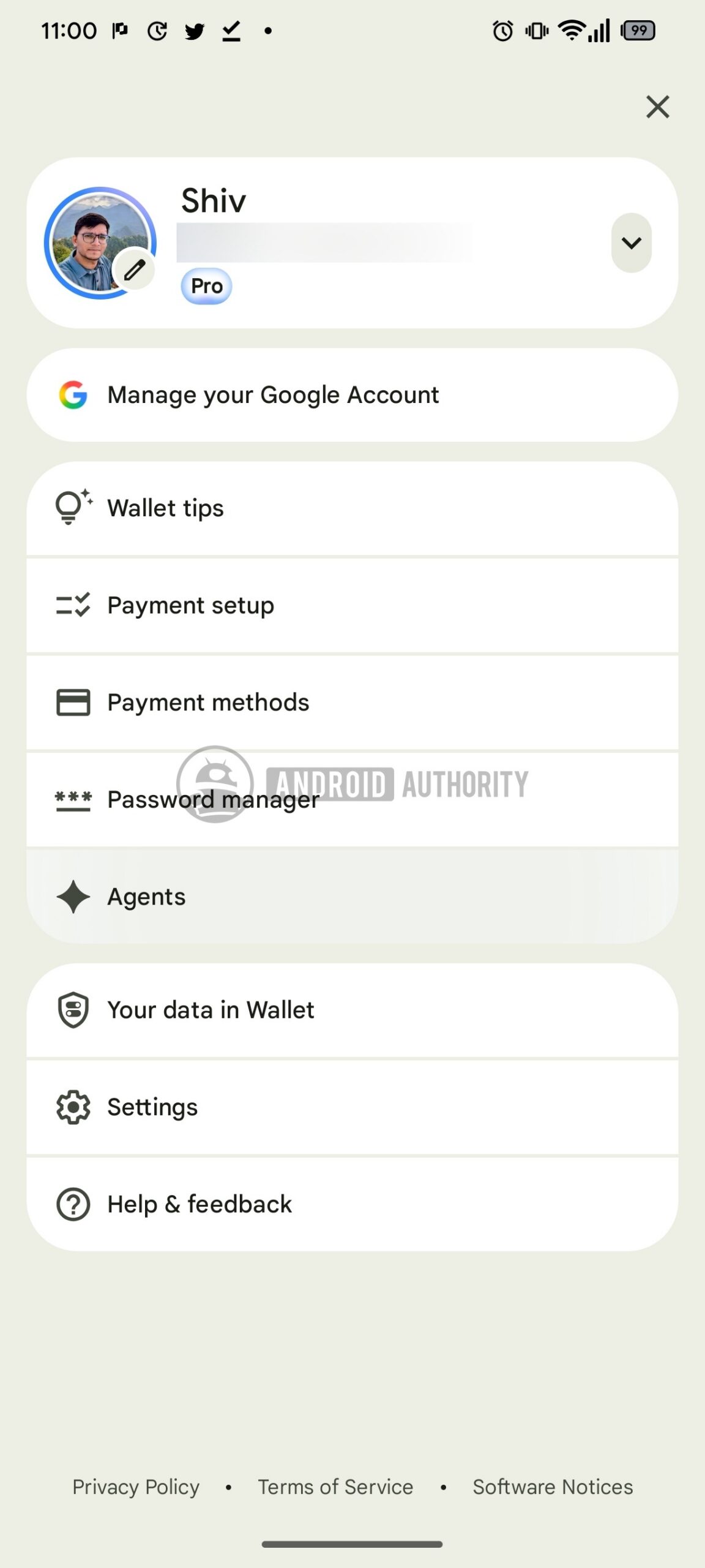 Trình chuyển tài khoản Google Wallet hiển thị mục Agents