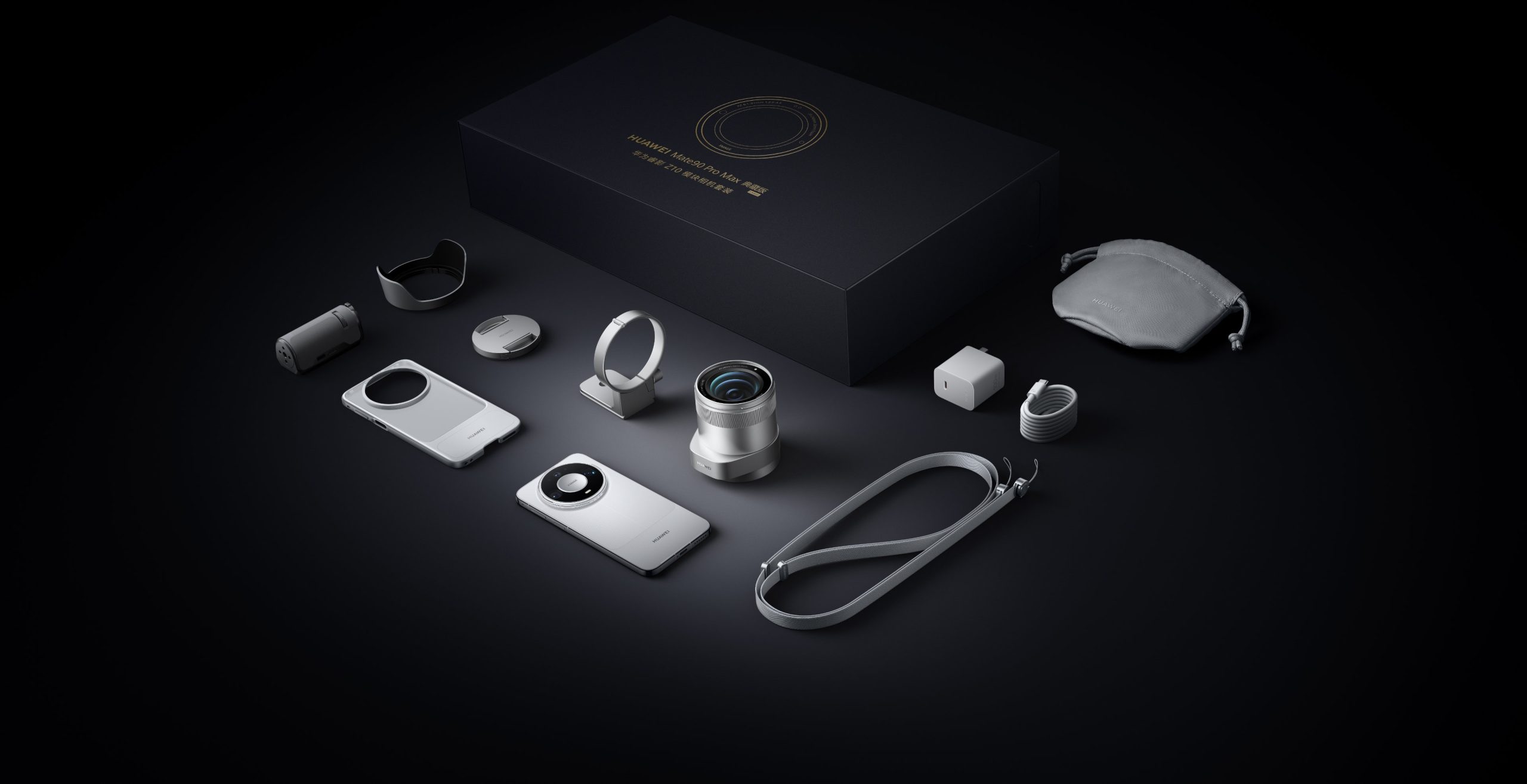 Trọn bộ phụ kiện Pro Camera Kit của Huawei Mate 90 Pro Max gồm máy, ống kính và phụ kiện