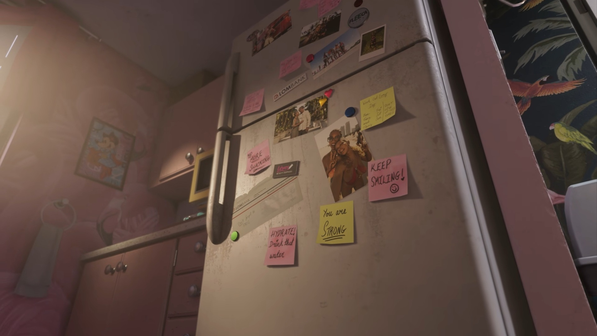Tủ lạnh trong GTA 6 có ảnh Jason và Lucia cùng các vật dụng trang trí