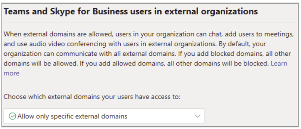 Tùy chọn Allow only specific external domains trong cấu hình Teams