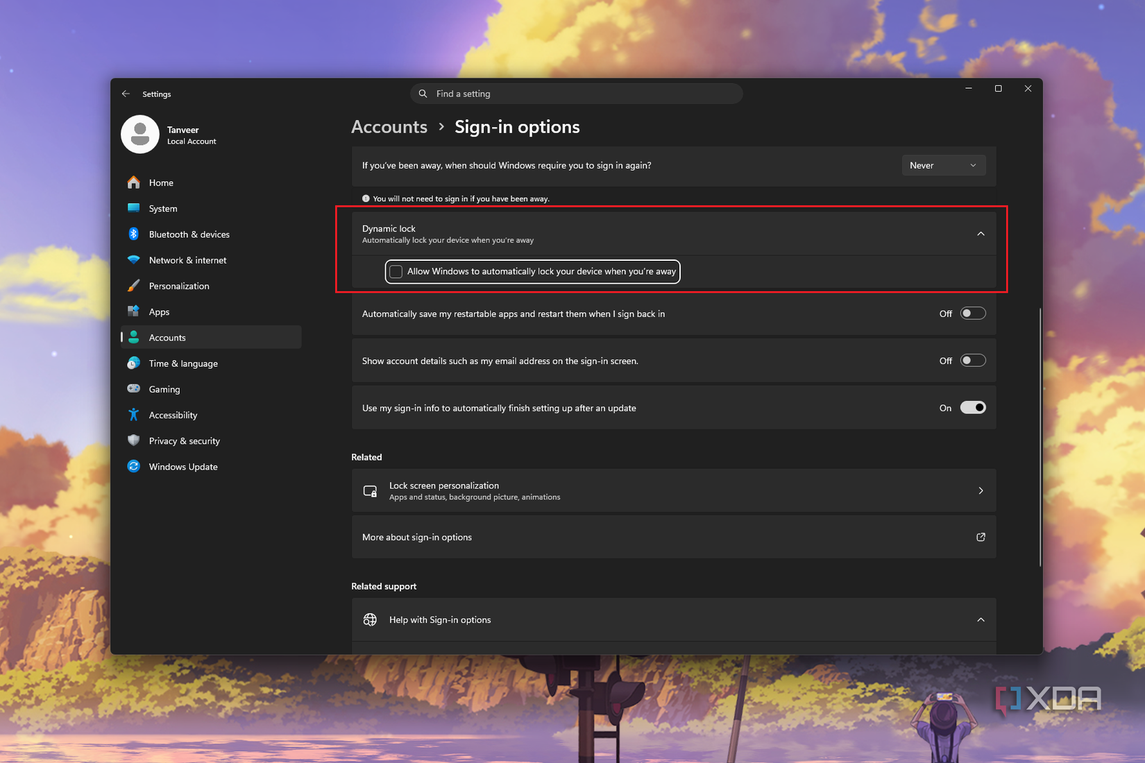 Tùy chọn Dynamic lock trong Sign-in options