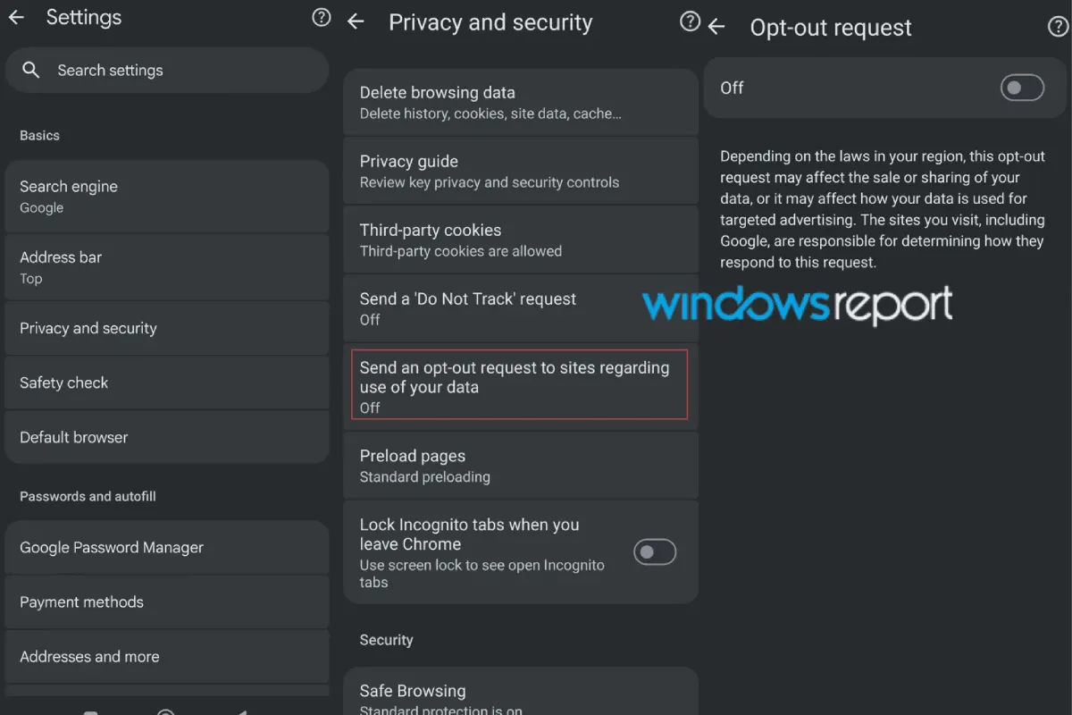 Tùy chọn gửi yêu cầu từ chối trong cài đặt Chrome Android