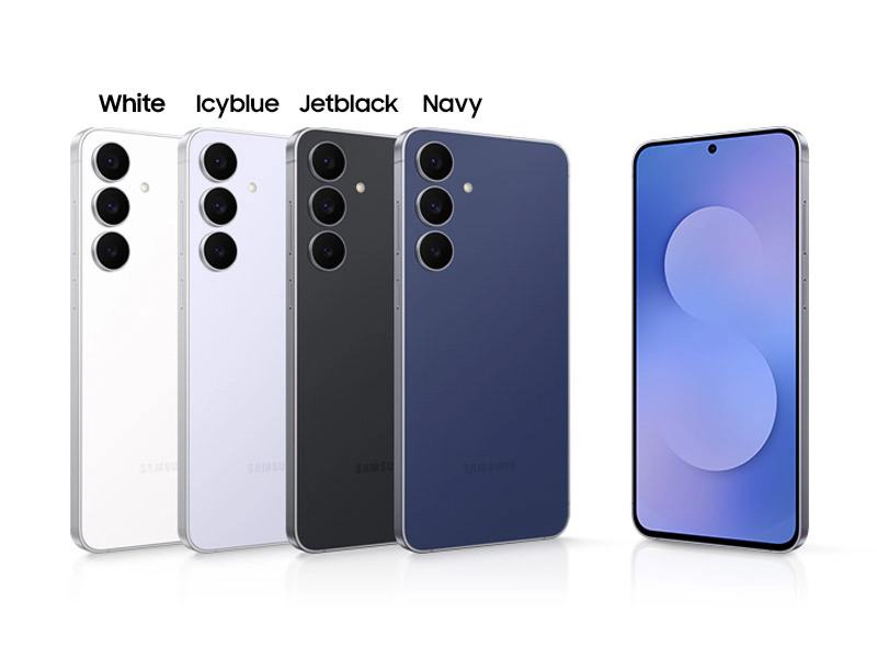 Các tùy chọn màu sắc của điện thoại Samsung Galaxy S25 FE gồm White, Icyblue, Jetblack và Navy.