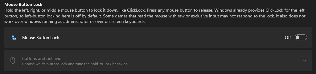 Tùy chọn Mouse Button Lock đang tắt trong PowerToys
