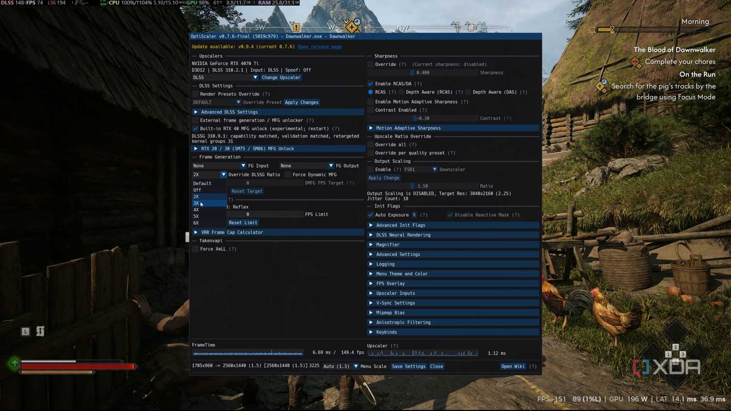 Tùy chọn Multi-Frame Generation trong OptiScaler trên RTX 4070 Ti.
